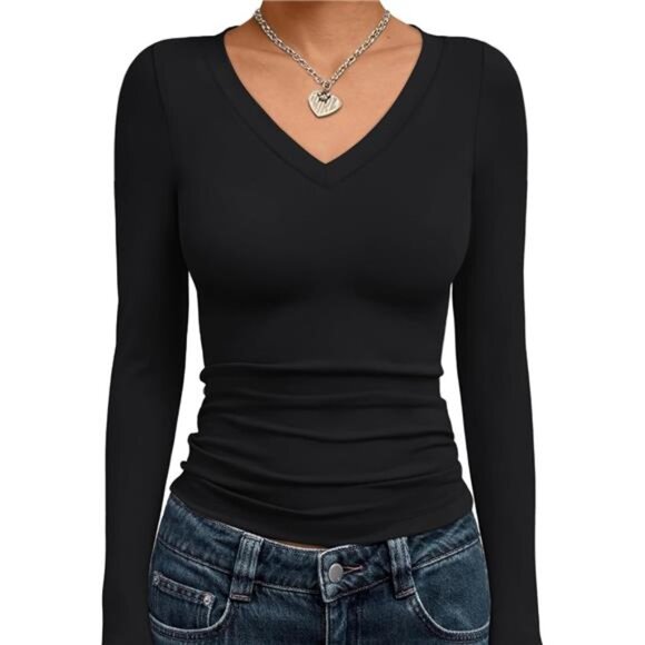 V-Neck Long Sleeve Crop Top – Stretchy Slim Fit Y2K Basic Tee - Picture 1 of 6